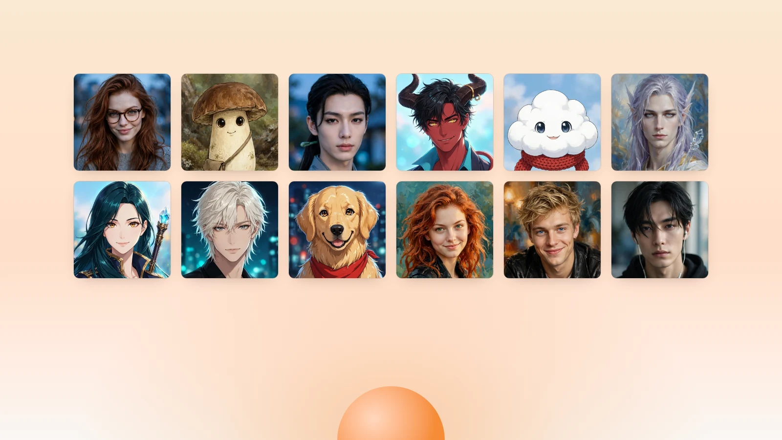 Twelve character faces from the Ori library in realistic, anime and illustrated styles, above an ember Orb rising on a golden sky
